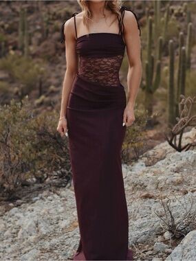 White Fox Boutique Burgundy Lace-Inset Maxi Dress
